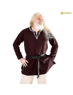 Tunique viking unisexe en coton à col brodé, couleur marron