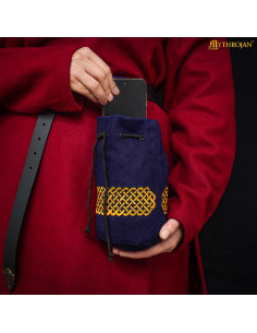Sac médiéval en laine brodée pour ceinture, couleur bleue 2
