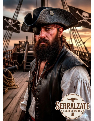 Chapeau de pirate Tricorn en cuir Deluxe, noir