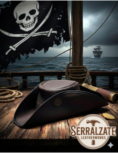 Chapeau de pirate Tricorn en cuir, marron foncé 2