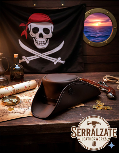 Chapeau de pirate Tricorn en cuir, marron foncé