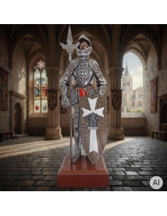 Miniature d'armure médiévale avec lance et bouclier, 50 cm.
