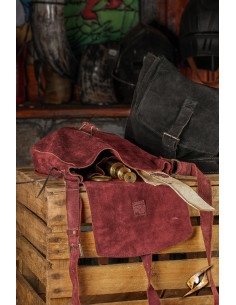 Sac bandoulière médiéval en cuir de daim de couleur bordeaux