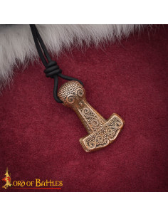 Pendentif viking Mjölnir en bronze fondu, cordon en cuir