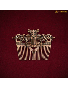 Peigne viking en bronze avec étui en cuir, finition vieillie