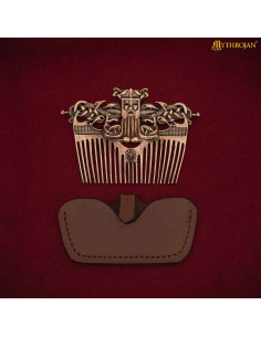 Peigne viking en bronze avec étui en cuir, finition vieillie 2