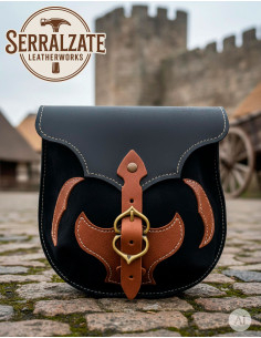 Sac médiéval en cuir noir avec appliqués marron pour... 2