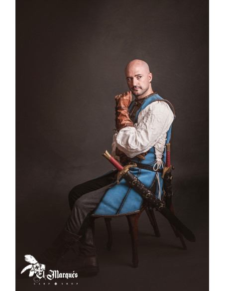 Cuir médiéval long pour homme, daim bleu Cuir médiéval long pour homme, daim bleu