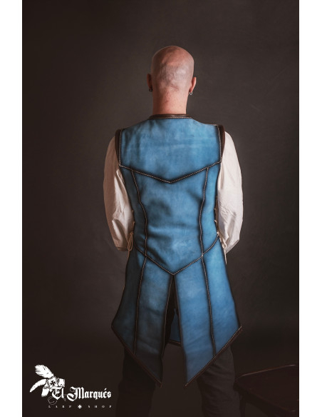 Cuir médiéval long pour homme, daim bleu Cuir médiéval long pour homme, daim bleu