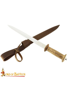 Rondel médiéval : poignée en bois et fourreau en cuir 2