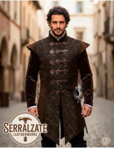 Gilet long Renaissance en véritable cuir marron