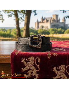 Ceinture viking en cuir noir repoussé, boucle en laiton... 2