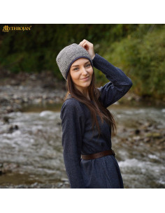 Bonnet médiéval nordique en laine Naalbinding, gris-bleu