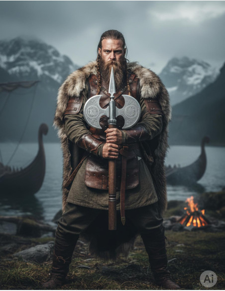 Hache rustique à double lame gravée,...