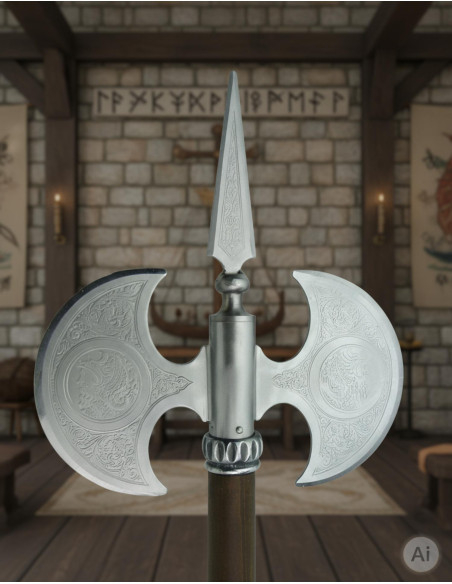 Hache rustique à double lame gravée,...