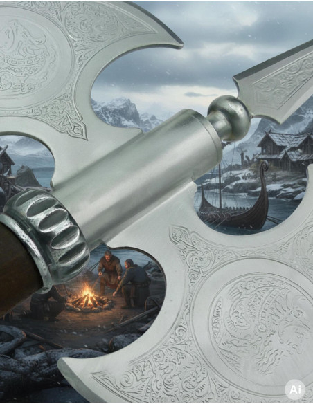 Hache rustique à double lame gravée,...