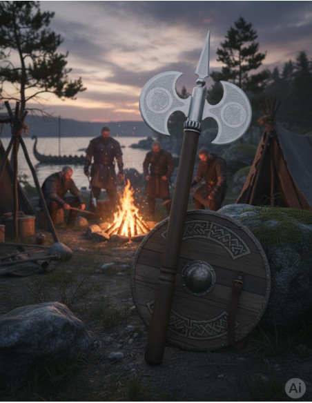 Hache rustique à double lame gravée,...