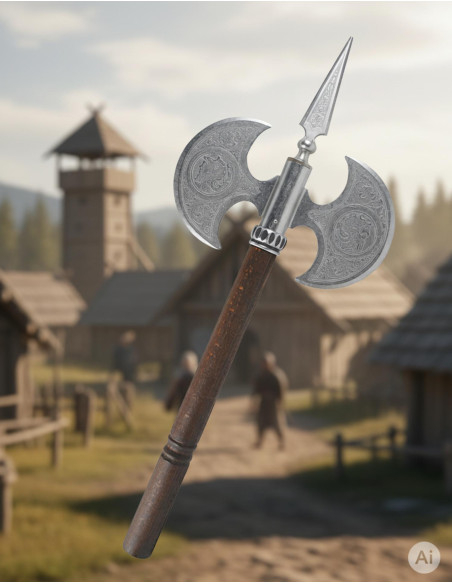 Hache rustique à double lame gravée,...