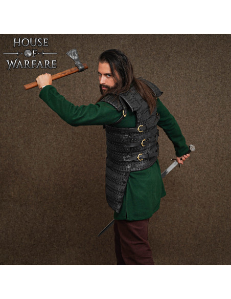 Armure viking lamellaire en cuir noir...