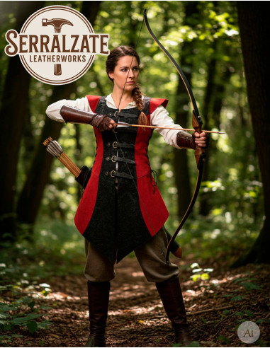 Robe de guerrière médiévale Ingrid en cuir, rouge et noir