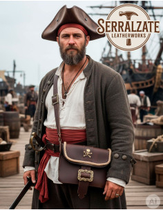 Sac de pirate en cuir avec skull et boucles, marron 2