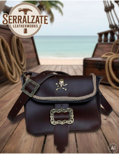 Sac de pirate en cuir avec skull et boucles, marron
