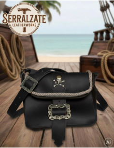 Sac de pirate en cuir avec crâne et boucles, noir