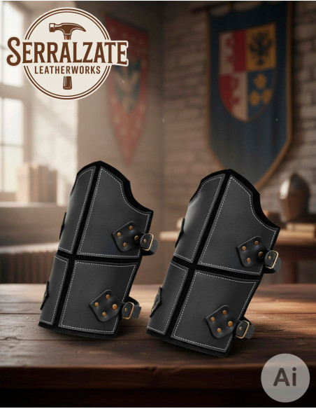 Greves de guerrier médiéval en cuir...