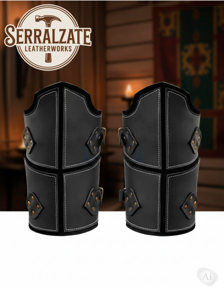 Greves de guerrier médiéval en cuir...