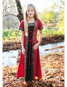 Robe médiévale fille Leonor à manches courtes, rouge-noir