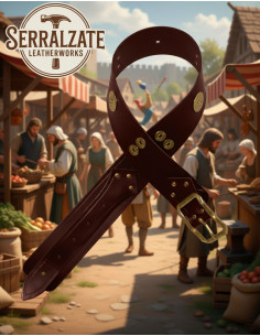 Ceinture large médiévale en cuir marron foncé, boucle dorée