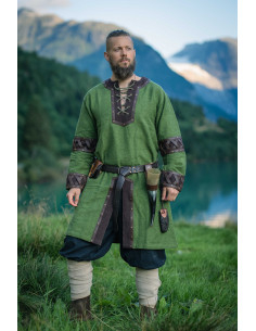 Tunique viking modèle Leif, verte avec détails en cuir...
