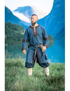 Tunique viking modèle Leif, bleue avec détails en cuir...