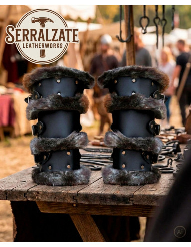 Bracelets vikings en cuir noir avec fausse fourrure