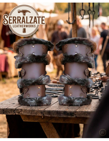 Bracelets vikings en cuir marron foncé avec fourrure synthétique