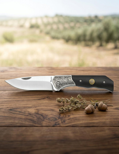 Couteau de camping Albainox avec virole décorée, bois noir