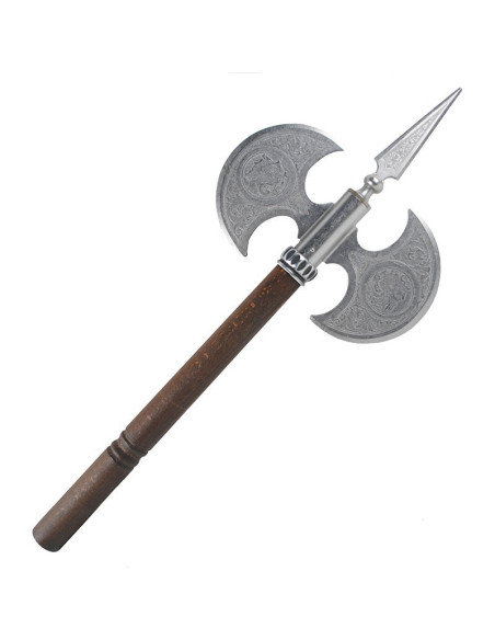 Hache rustique double lame gravée, 61 cms.