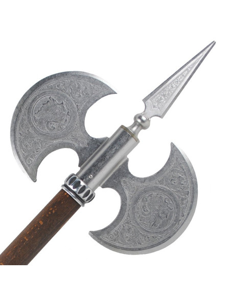 Hache rustique double lame gravée, 61 cms.