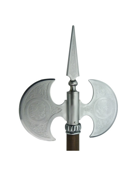 Hache rustique double lame gravée, 61 cms.