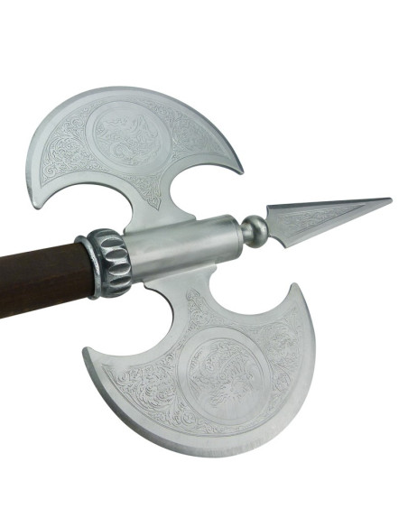 Hache rustique double lame gravée, 61 cms.