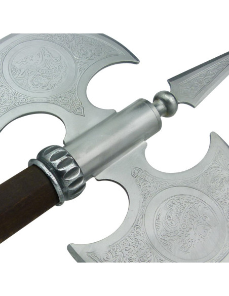 Hache rustique double lame gravée, 61 cms.