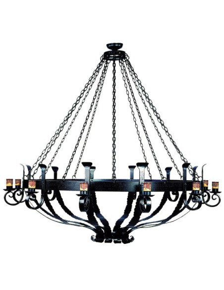 Lampe roue en bois Forge, 6 lumières