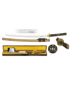Katana lame en acier Damas avec coffret, étui, kit de nettoyage et tsubas