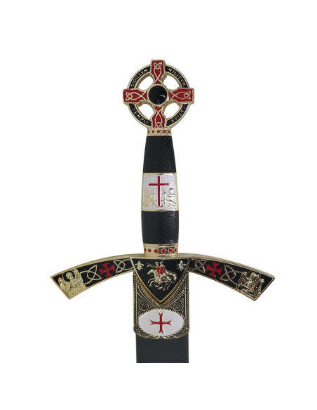 Épée templière décorée d'or, avec fourreau