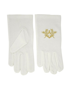Gants maçonniques blancs avec équerre et compas brodés en or