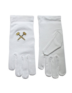 Gants maçonniques blancs avec maillets brodés d'or