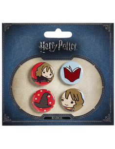 Lot de 4 badges, Hermione, Livre, Chapeau et Hermione sur...