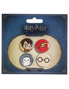 Lot de 4 badges Harry, Hedwige, Lunettes et Marque
