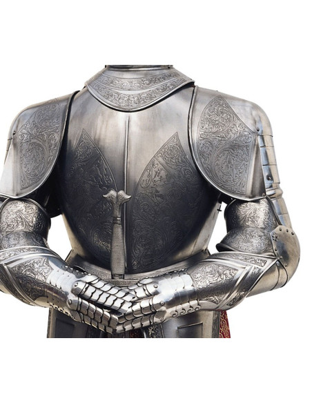 Armure naturelle en argent avec gravures et épée dans les mains