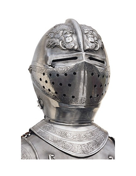Armure naturelle en argent avec gravures, costume de grenat et épée dans ses mains